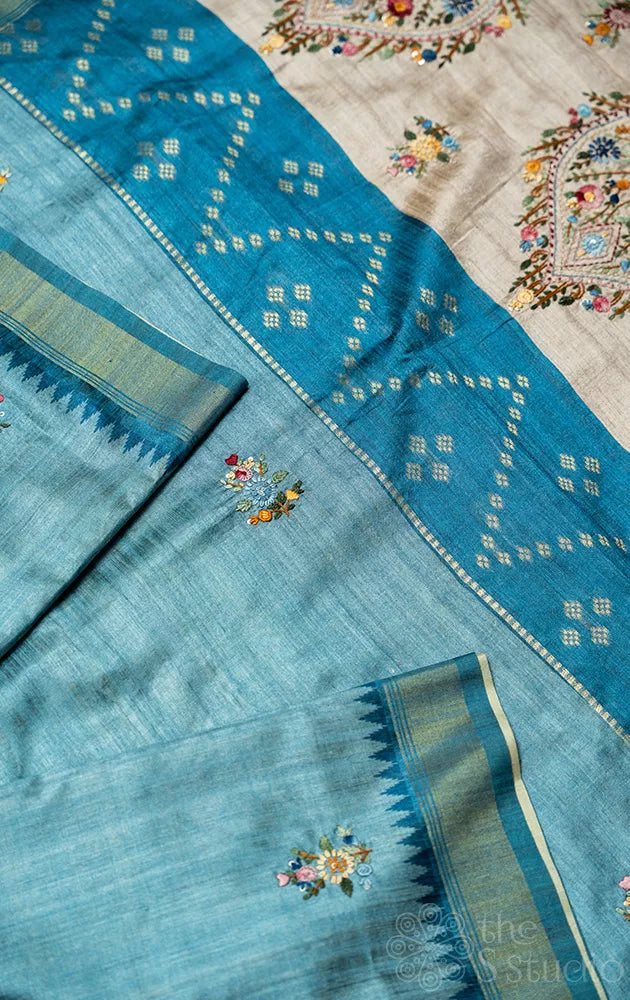 Light blue semi tussar saree with temple border