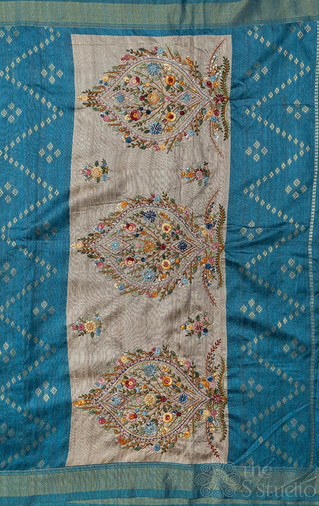 Light blue semi tussar saree with temple border