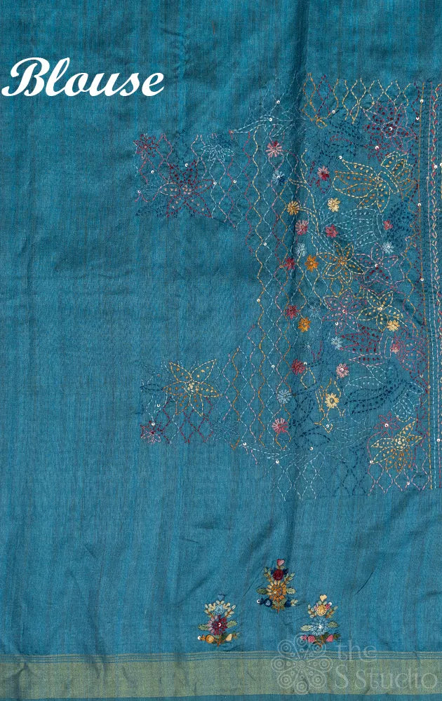 Light blue semi tussar saree with temple border