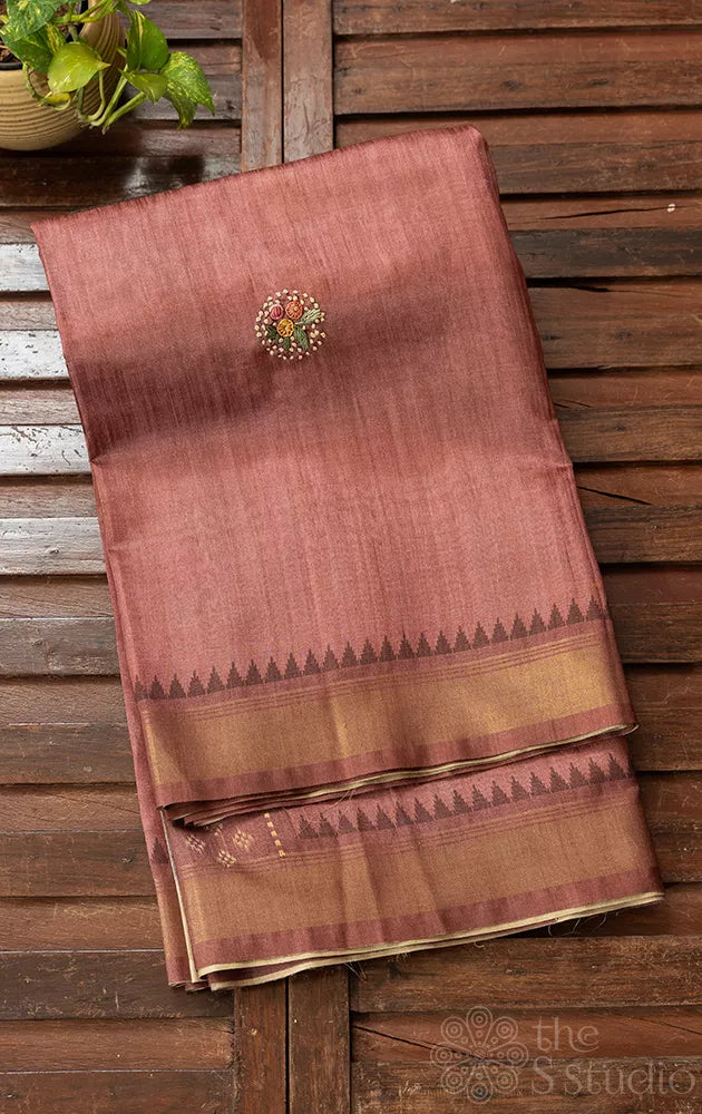 Brown semi tussar saree with zari border