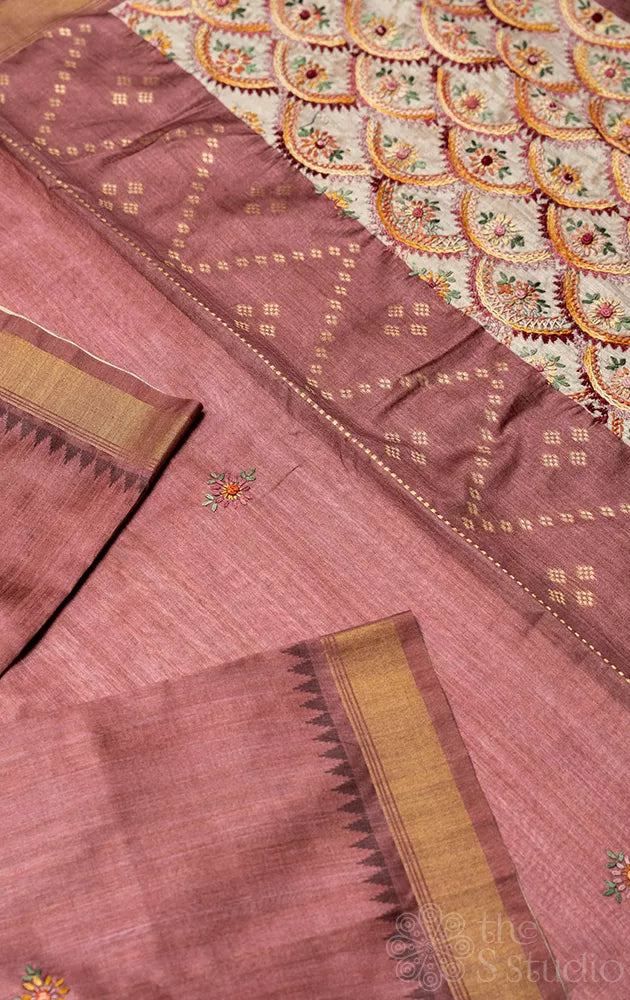 Brown semi tussar saree with zari border