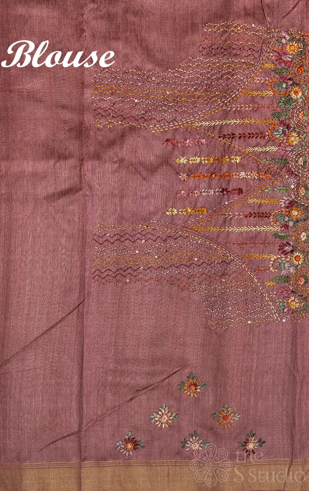 Brown semi tussar saree with zari border