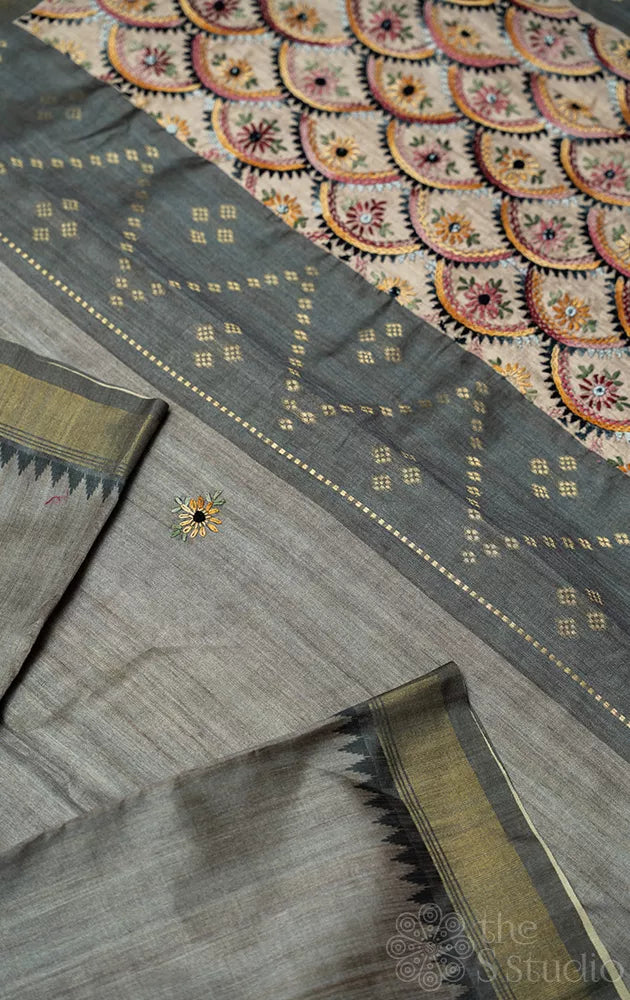 Greyish green semi tussar saree with embroidery