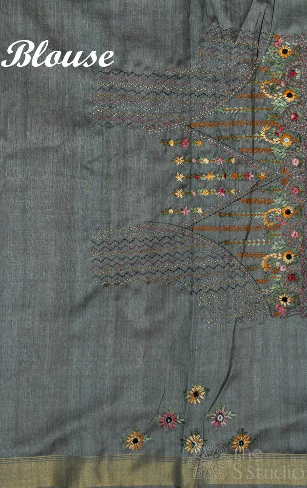 Greyish green semi tussar saree with embroidery