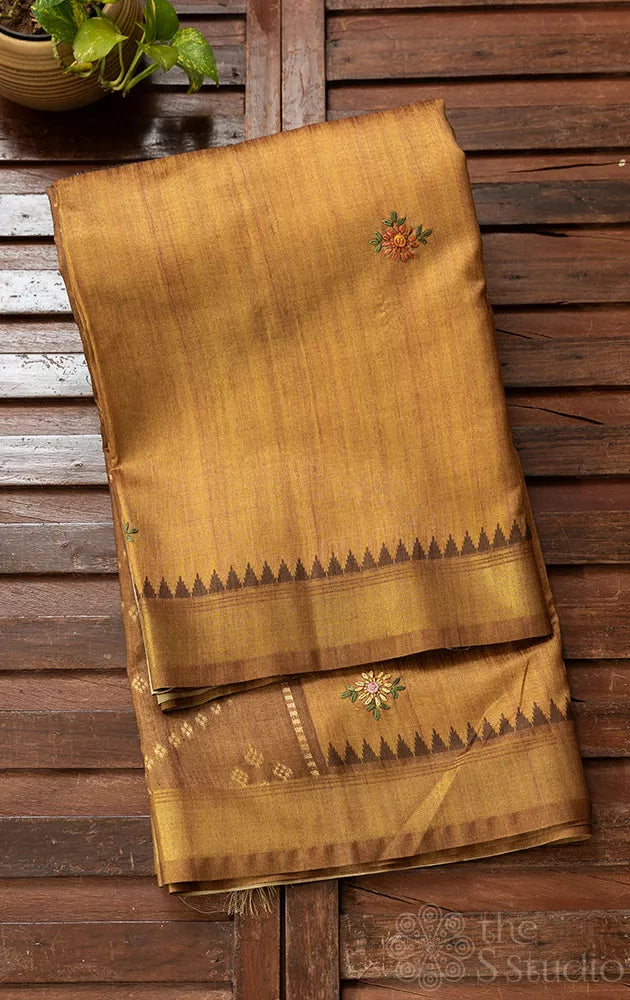 Mustard semi tussar saree with gold zari border