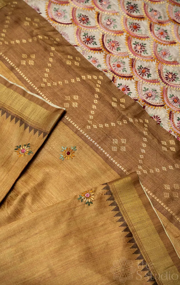 Mustard semi tussar saree with gold zari border