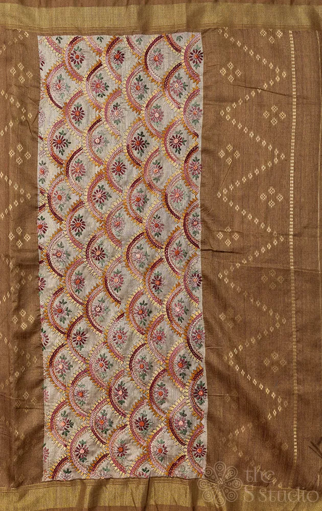 Mustard semi tussar saree with gold zari border