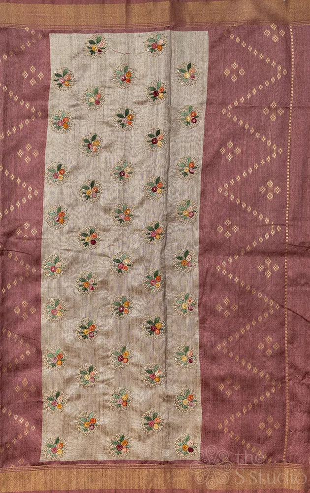 Brown semi tussar saree with floral embroidery
