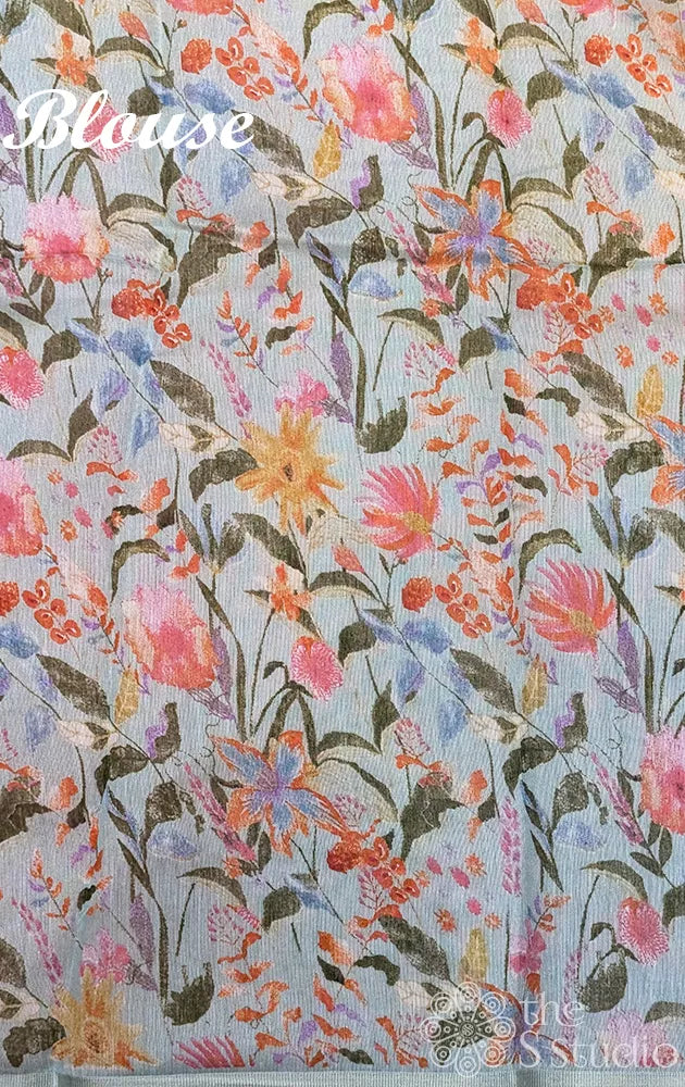 Light blue linen saree with floral & leaf prints