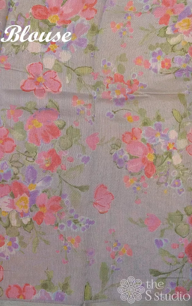 Grey linen saree with floral prints