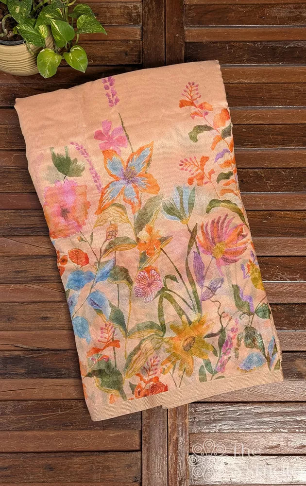 Peach linen saree with floral & leaf prints