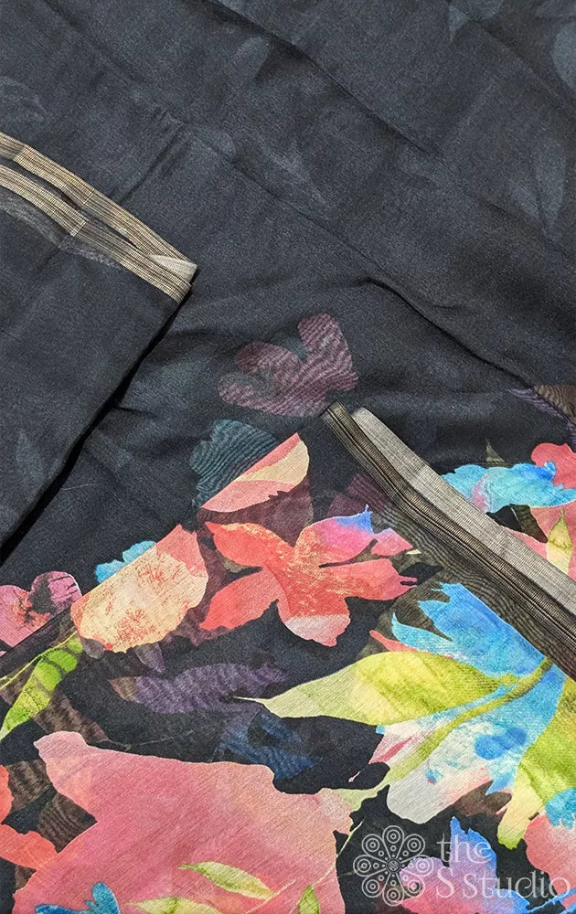 Black linen saree with big floral prints