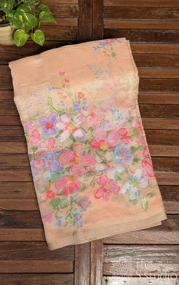 Light peach linen saree with floral prints