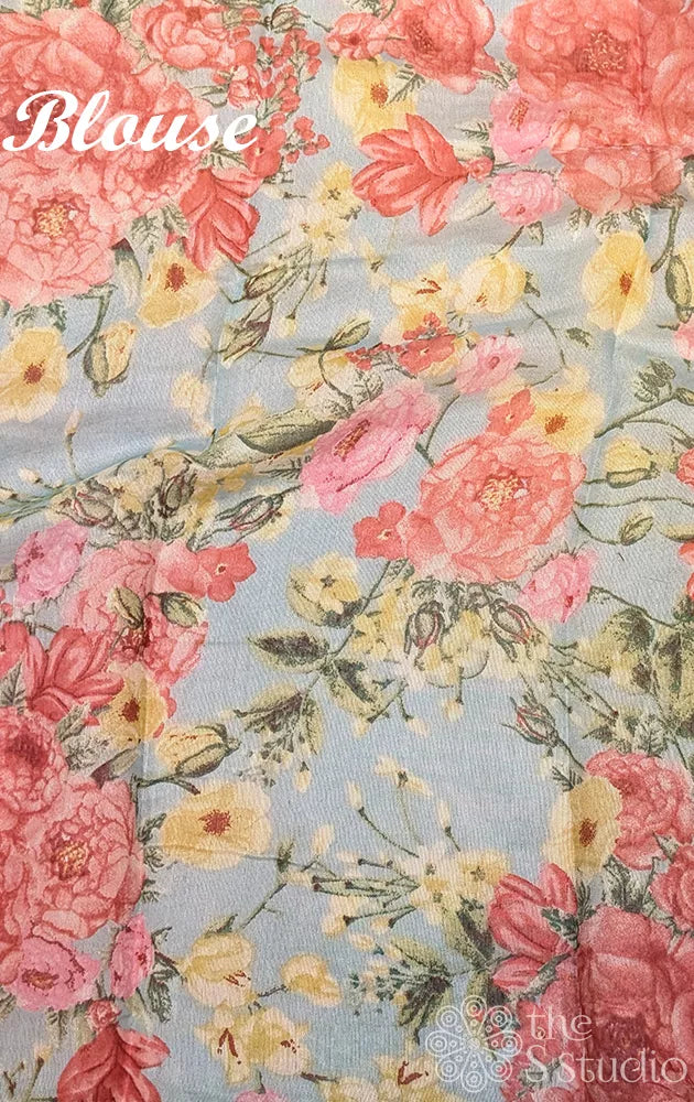 Light blue linen saree with floral creeper prints