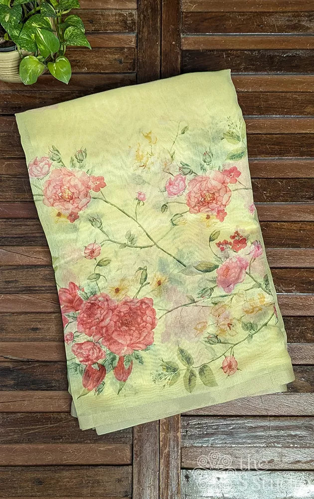 Light yellow linen saree with floral creeper prints