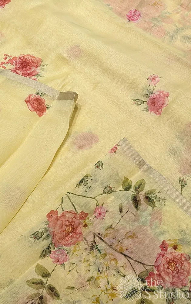 Light yellow linen saree with floral creeper prints