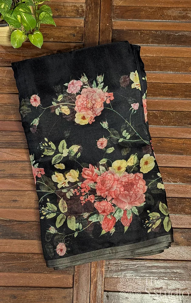 Black linen saree with floral prints