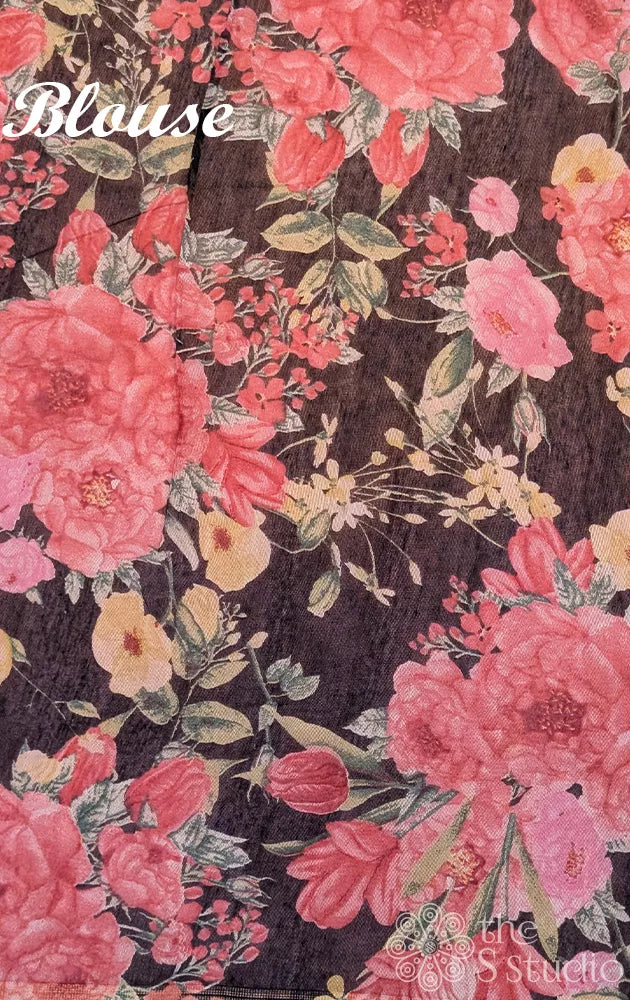 Black linen saree with floral prints