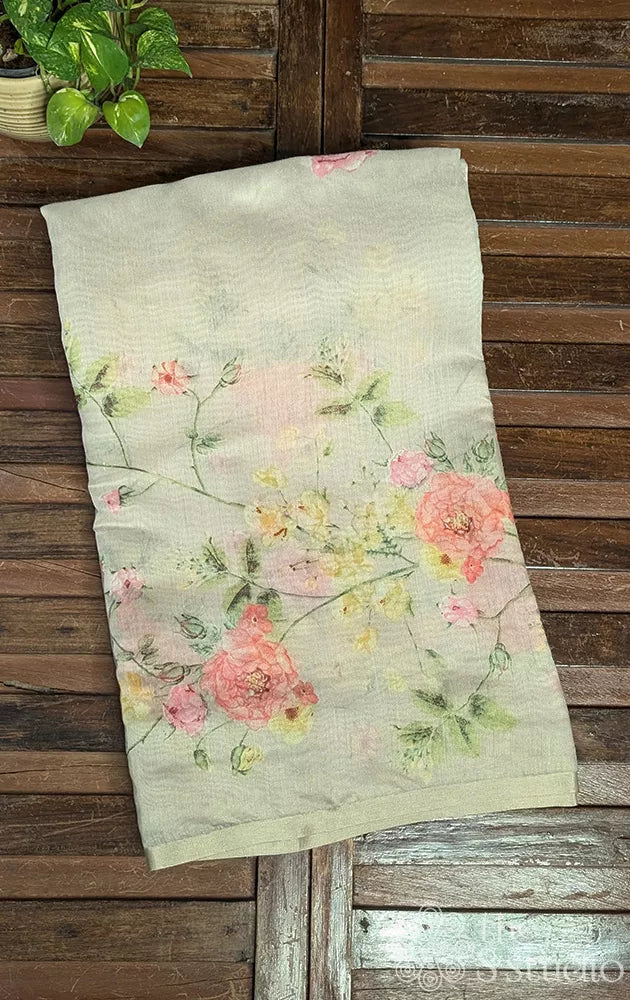Beige linen saree with floral prints