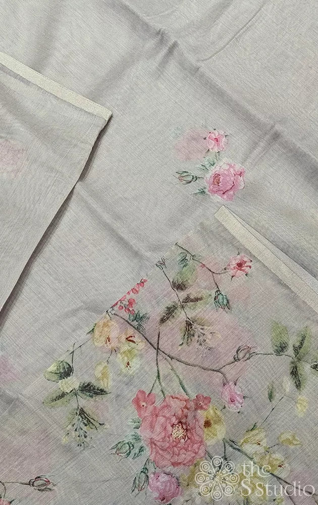 Beige linen saree with floral prints