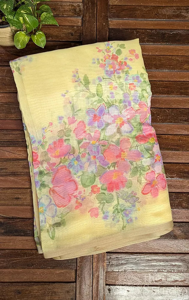 Yellow linen saree with floral prints