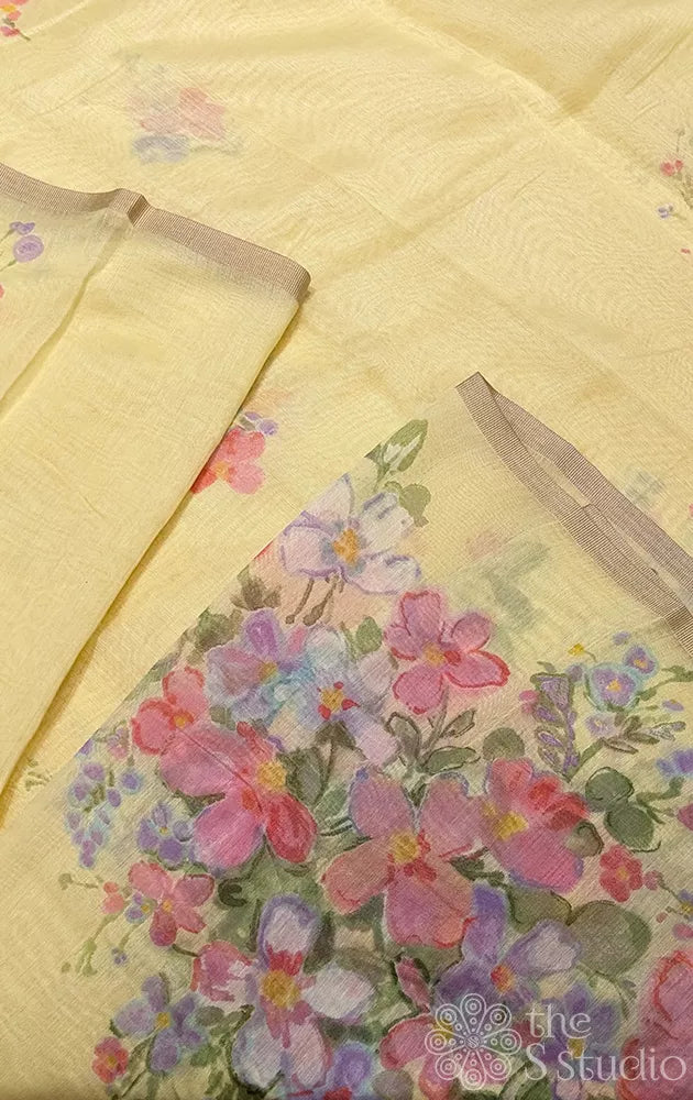 Yellow linen saree with floral prints