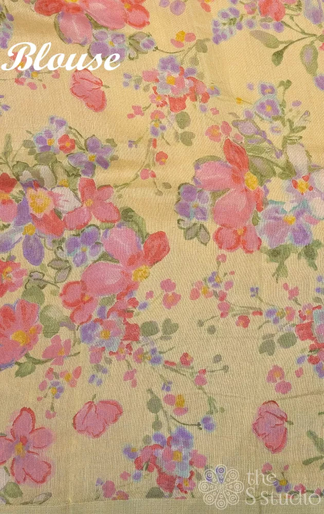 Yellow linen saree with floral prints
