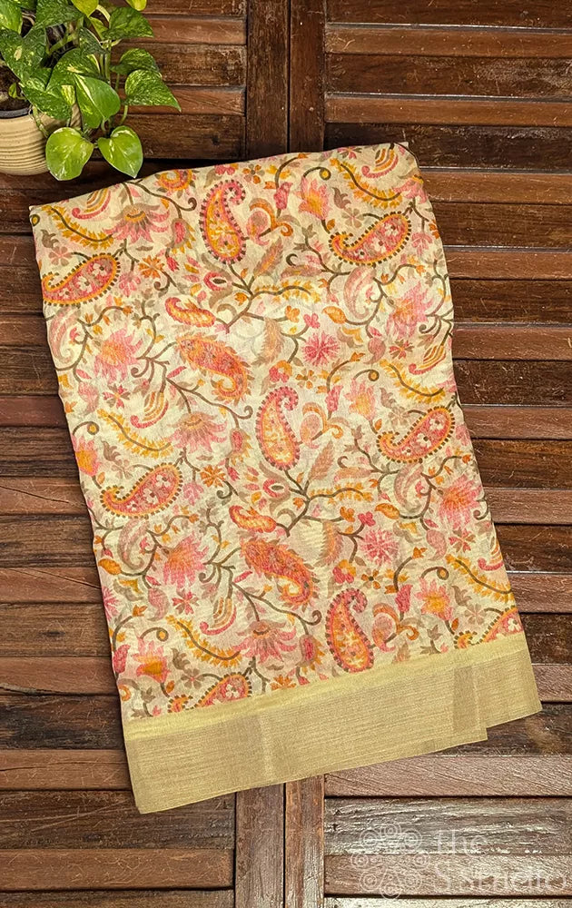 Yellow linen saree with paisely prints