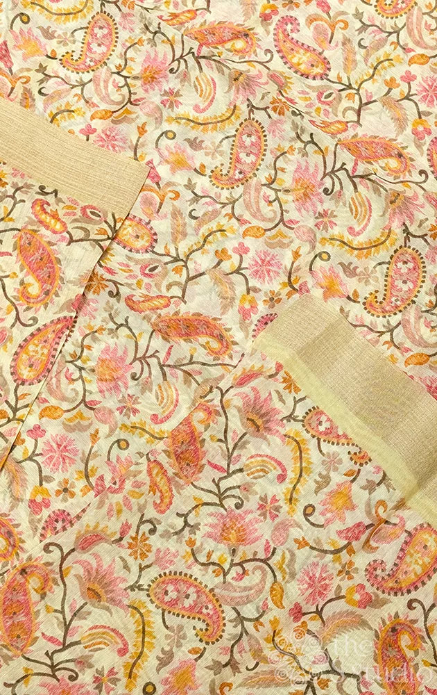 Yellow linen saree with paisely prints
