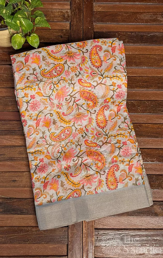 Grey linen saree with paisely prints
