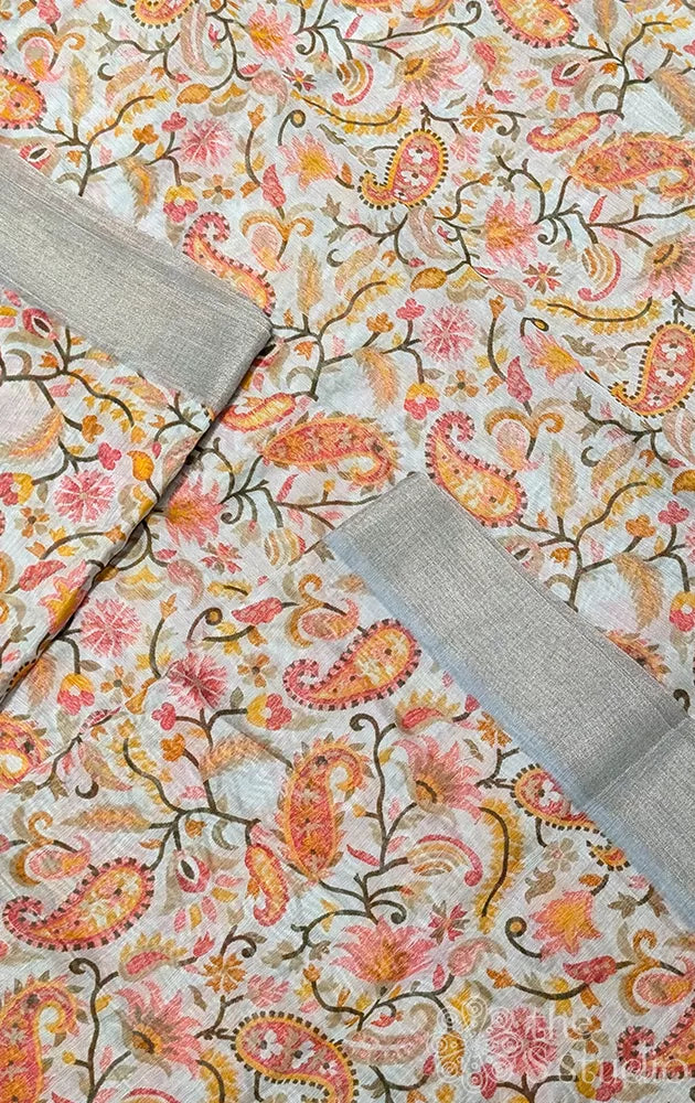 Grey linen saree with paisely prints