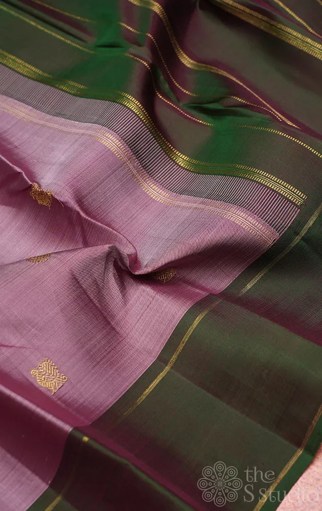 Mauve colour kanchipuram silk saree with green bodi karai border
