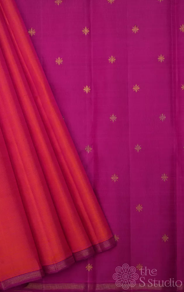 Peach plain kanchi silk saree with contrast pallu