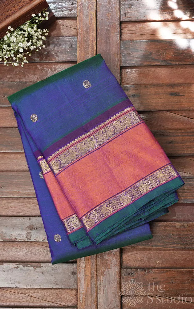 Peacock blue kanchipuram silk saree with rettaipet border