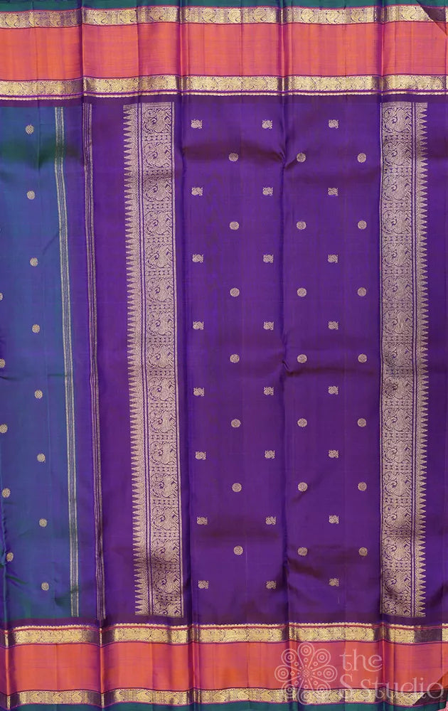 Peacock blue kanchipuram silk saree with rettaipet border