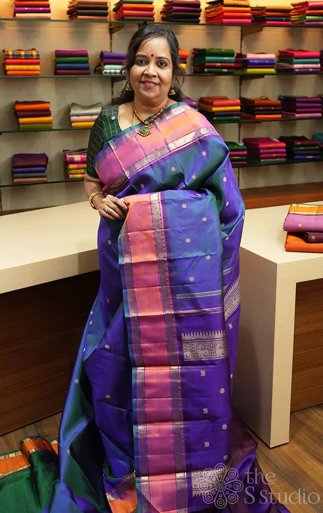 Peacock blue kanchipuram silk saree with rettaipet border