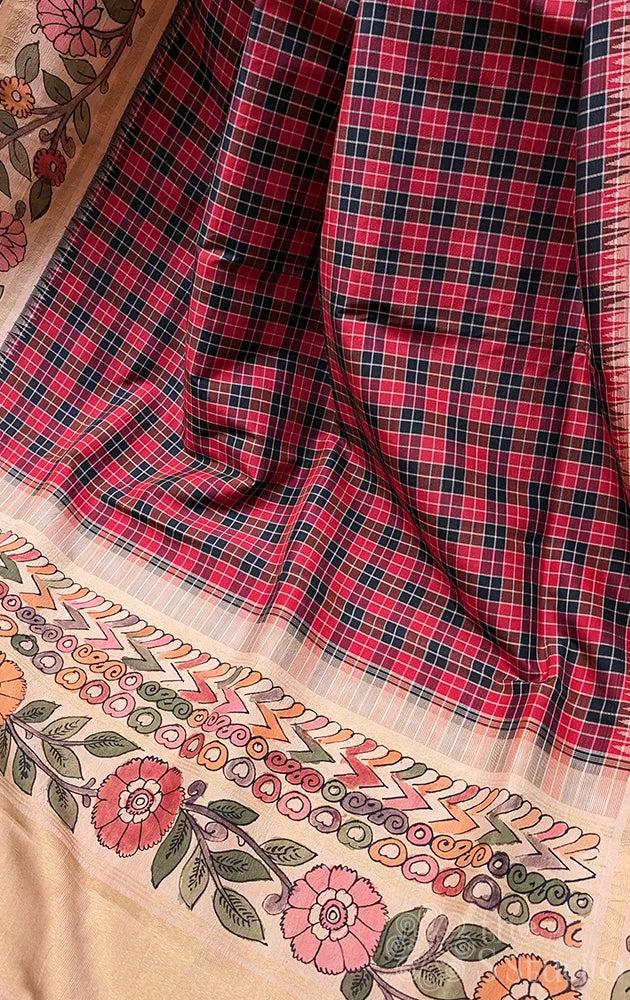 Hand painted kalamkari kanchi silk saree with Red and black checks