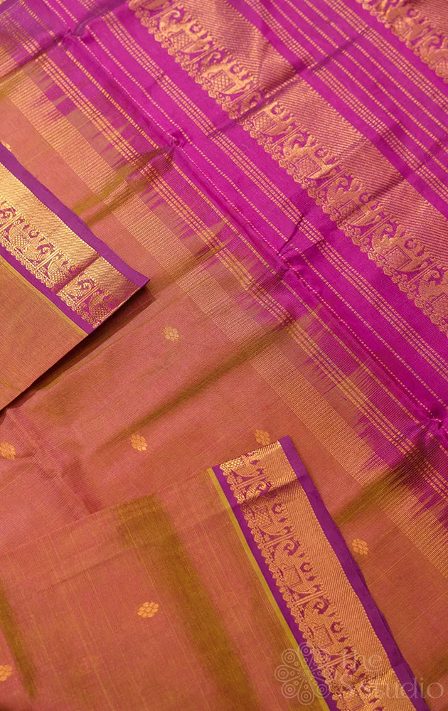 Peach vairaoosi cotton silk saree with magenta zari border