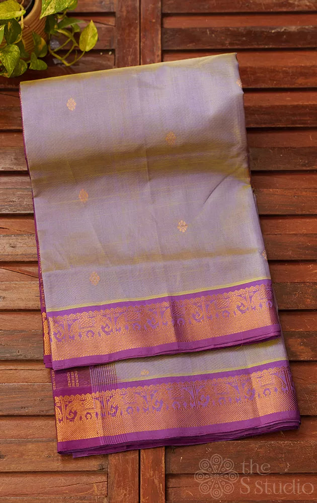 Dark powder blue vairaoosi cotton silk saree with purple border
