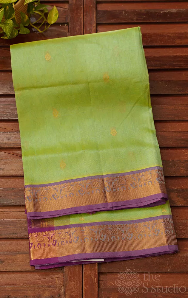 Light pista green vairaoosi silk cotton saree with purple zari border