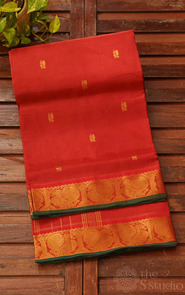 Red handloom vairaoosi silk cotton saree with green selvedge