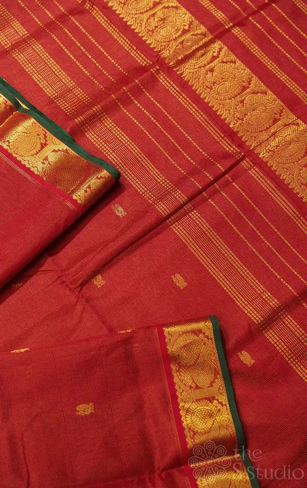 Red handloom vairaoosi silk cotton saree with green selvedge