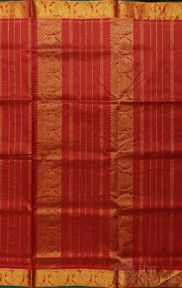 Red handloom vairaoosi silk cotton saree with green selvedge