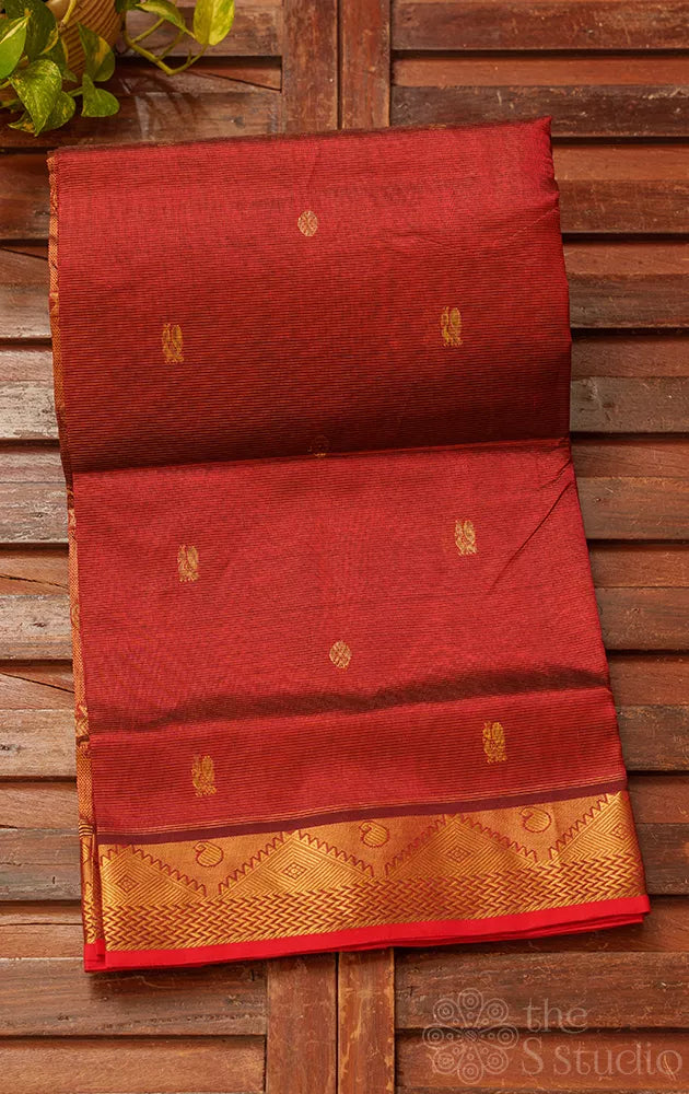 Maroon vairaoosi handloom kanchipuram silk cotton saree with zari rich border