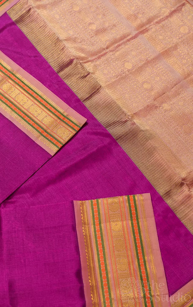 Magenta silk cotton saree with korvai onion pink border
