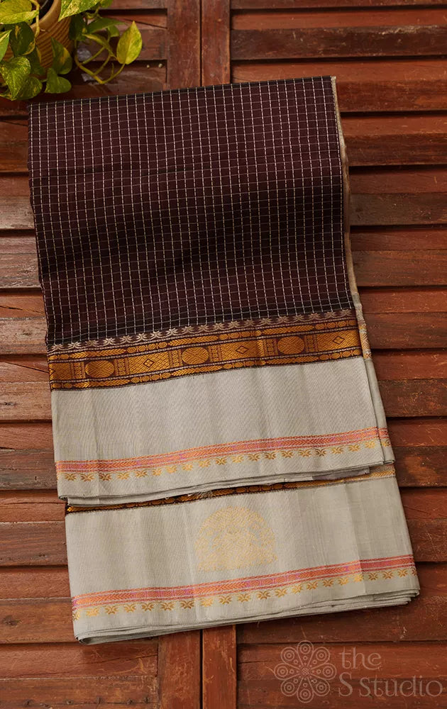 Brown checked handloom silk cotton saree with greyish blue border