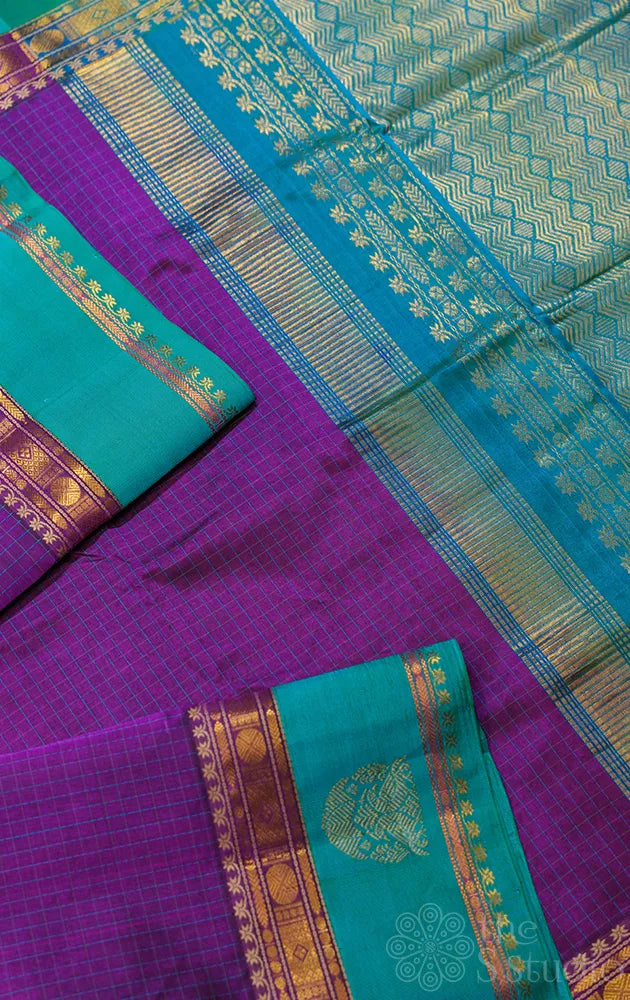 Violet checked cotton silk saree with rama blue border