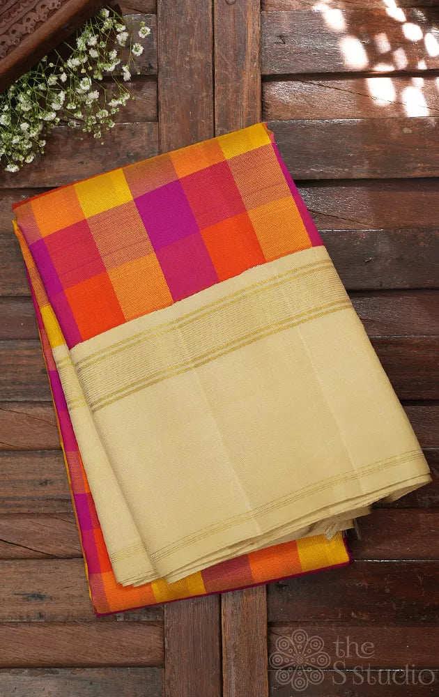 Red, yellow and orange checked kanchi silk saree with cream korvai border