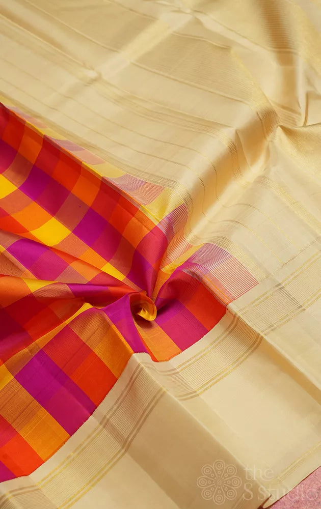 Red, yellow and orange checked kanchi silk saree with cream korvai border
