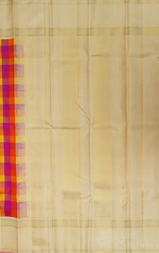 Red, yellow and orange checked kanchi silk saree with cream korvai border